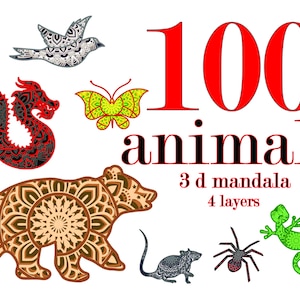 100 Animales, insectos, pájaros, dragones, peces, dinosaurios, 3d mandala, 4 capas, descarga digital, solo archivo Svg + regalo 25 mandalas