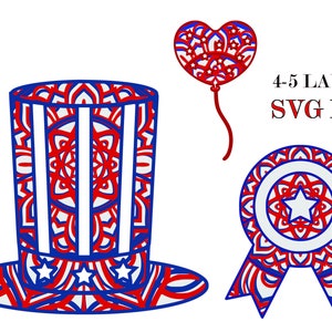 4 juillet mandala 3D,4,5 couches , Svg Eps, Téléchargement numérique , Usa jour de l’indépendance Glowforge, Cricut, Silhouette + Cadeau 25 mandalas modèles