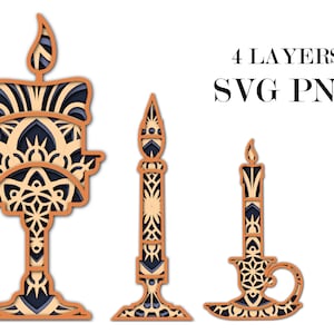 3 bougies , mandala 3D, fichiers SVG et EPS , 4 couches , téléchargement numérique