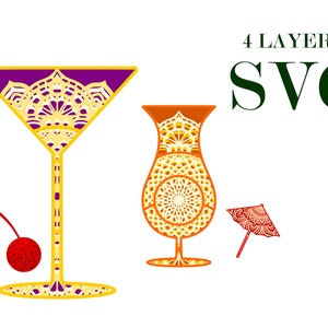 COCTAILS, 2 copos, guarda-chuva, cereja, mandala 3D, 4 camadas, download digital, arquivos SVG EPS