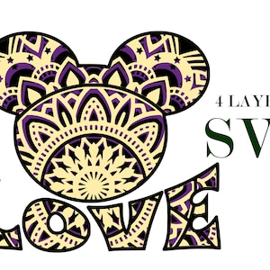 LOVE MICKEY MOUSE , mandala 3D , 4 calques, svg et eps fichiers , Téléchargement numérique