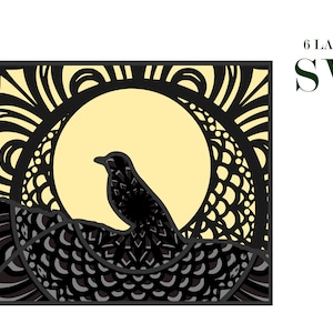 OISEAU dans LE CADRE JAUNE , Mandala 3D , 6 couches, svg eps , Téléchargement numérique pour Glowforge, Cricut, Silhouette + Cadeau 25 mandalas modèles