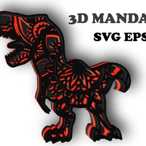 T-REX , mandala 3D , 4 capas, archivos Svg Eps , Descarga digital