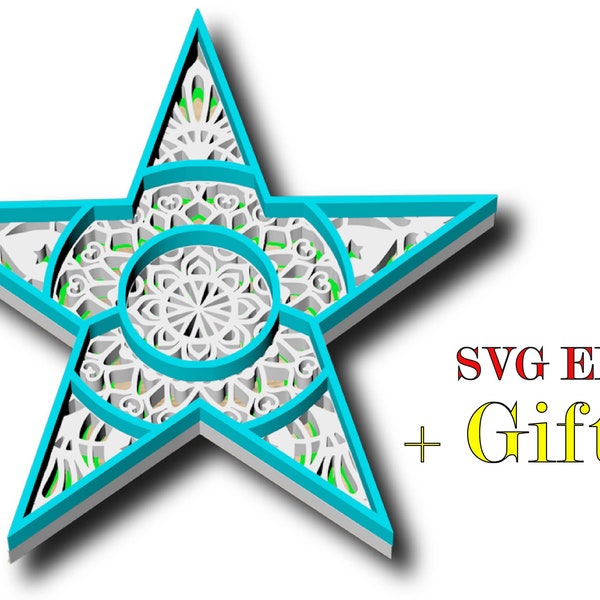 STAR ,  3d mandala  , 4  layers , Digital download , svg , eps, for glowforge, Cricut,Silfouette +Gift 25 mandalas templates