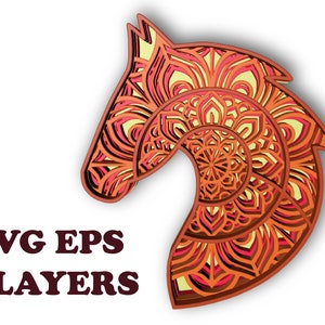 HORSE HEAD ( Fichiers Svg Eps ) + Cadeau 25 mandalas ( Fichiers Svg 4-7 couches ) , Mandala 3D , 4 couches, Téléchargement numérique