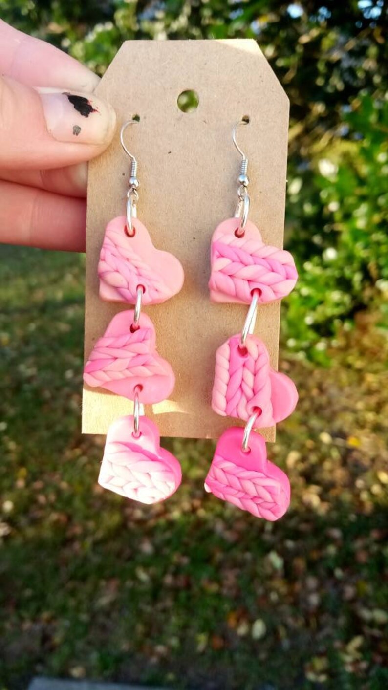 Knit Design Handmade Polymer Clay Pink Heart Drop Girly Adorable Kawaii Sweet Trendy Unique One Of A Kind Soft Girl Jewelry Weddings Des Pl