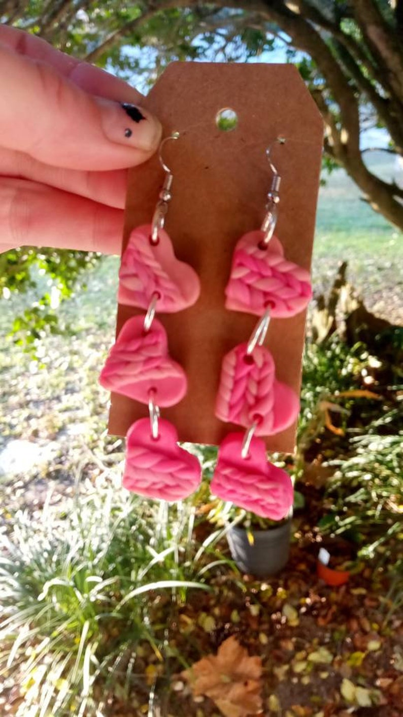 Knit Design Handmade Polymer Clay Pink Heart Drop Girly Adorable Kawaii Sweet Trendy Unique One Of A Kind Soft Girl Jewelry Weddings Des Pl
