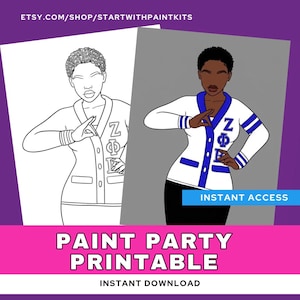 Op de afbeelding: Een digitale illustratie met een kleurplaat en een ingekleurde versie van een persoon in een wit vest met blauwe randen en de Griekse letters Zeta Phi Beta. De tekst luidt ETSY.COM/SHOP/STARTWITHPAINTKITS, INSTANT ACCESS en PAINT PARTY PRINTABLE.