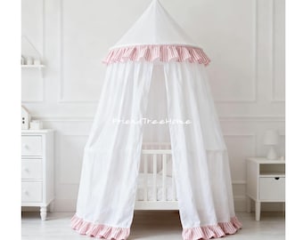 Rideau à baldaquin, dôme rond à baldaquin pour enfants, baldaquin blanc avec volants, baldaquin à taille personnalisée, panneau en coton rose