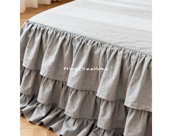 Jupe de lit 100 % coton - Jupe de lit personnalisée gris clair - Jupe de lit poussière 3 couches, volants sur commande