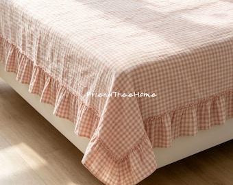 Jupe de lit en gaze de coton doux - Petit drap-housse rose à carreaux, décoration de dortoir style ferme