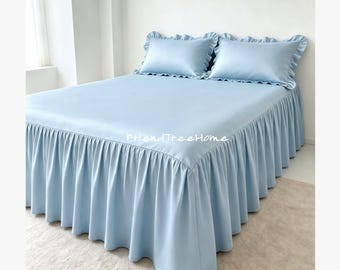 Jupe de lit rafraîchissante avec taies d'oreiller - Drap-housse en pur coton, décoration pour dortoir