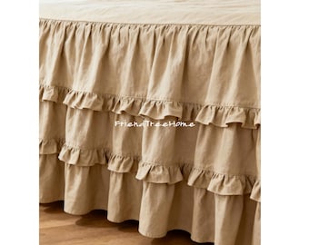 Jupe de lit 100 % coton - jupe de lit personnalisée kaki clair - jupe de lit 3 couches à volants fabriqués sur commande