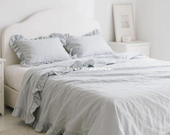 Parure de lit en coton gris à volants - Couette et taie d'oreiller en coton lavé