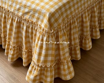 Gonna da letto in cotone - Lenzuolo a quadretti gialli, arredamento stile rustico per la camera da letto