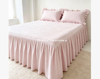 Jupe de lit en coton à rayures roses avec taies d'oreiller à volants – Décoration de chambre d'étudiant