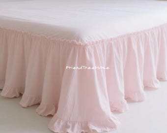 Saia de cama de algodão puro - Saia de cama personalizada - Saia de cama com babados rosa claro - Saia de cama estilo fazenda com babados - Colcha rosa