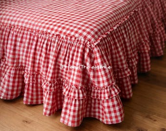 Falda de cama de algodón - Sábana de cuadros rojos, decoración rústica para dormitorios