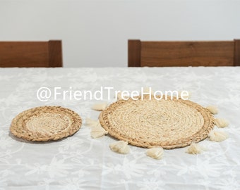 Woven Straw Placemat with Tassels - Natural Water Hyacinth Table Mat