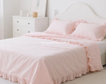 Funda nórdica y funda de almohada de algodón puro - Juego de cama - Ropa de cama de algodón suave - Ropa de cama con volantes rosas - Ropa de cama de algodón lavado