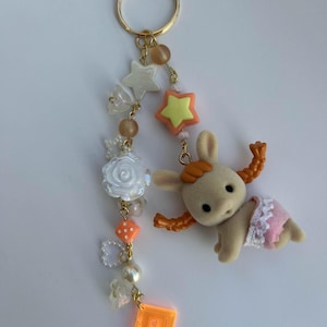 Handmade Calico Baby Keychain: Kawaii Bag Charm with Pink Beads
