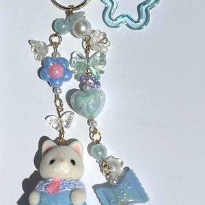Calico Baby Keychain, Cute Bag Charm, Kawaii Keychain, Phone Charms, Baby Fun Hair Keychain, Bag Charm, Blue, Pink Cat Belt Charm