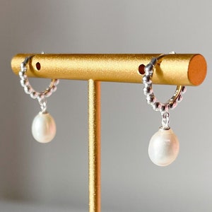 Silver Freshwater Pearl Huggies Earrings, Sterling Silver, Classic Bridal Accessory, Elegant Wedding Jewellery