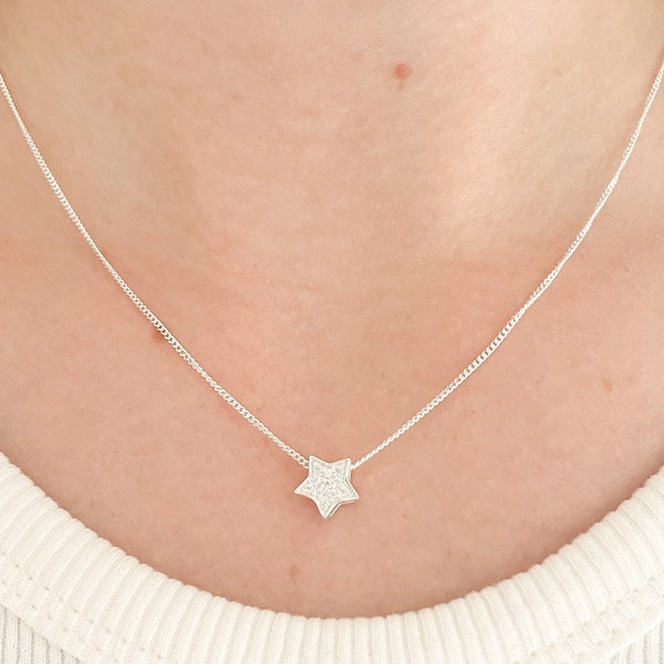 Cubic Zirconia Star Slider Charm Necklace, CZ Star Sterling Silver Necklace, Star Pendant Necklace