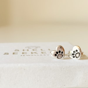 Paw Print Heart Studs, Sterling Silver Paw Print Stud Earrings, Paw Print Jewellery Gift, Dog Paw Earrings, Animal Paw Heart Earrings