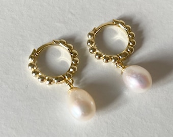 Gold Freshwater Pearl Huggies Earrings, Gold Pearl Huggies, Classic Bridal Hoop Earrings, Elegant Wedding Jewellery