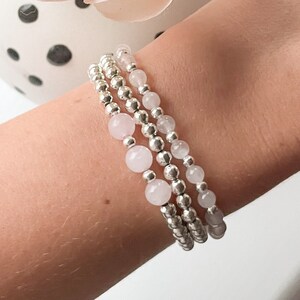 Rosenkvarts- och silverarmband, stapelarmband med rosenkvarts, helande armband med rosenkvartskristaller, stapelbara armband, rosa kärleksarmband bild 1