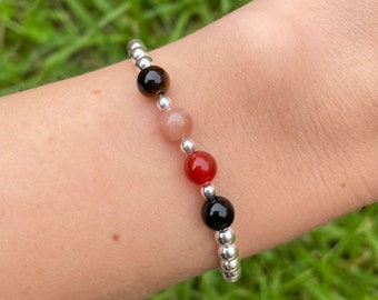 Courage and Strength Crystal Bracelet, Onyx Sunstone Carnelian Tigers Eye Crystal Healing Bracelet