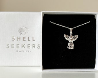 Sterling Silver Filigree Angel Necklace with Heart - Guardian Angel Jewellery