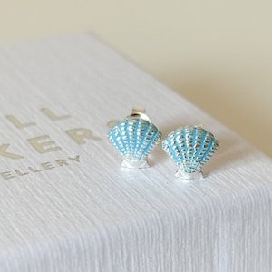 Silver Shell Enamel Earrings, Beach Themed Earrings, Seashell Studs, Summer Studs