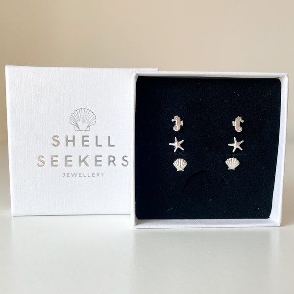 Silver Earrings Under The Sea Set, Beach Themed Earrings, Seashell, Starfish, Seahorse Studs, Summer Stud Trio