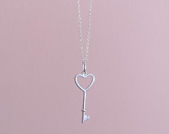 Love Heart Key Pendant Necklace, Sterling Silver Key Pendant Necklace, Love Key Charm Necklace