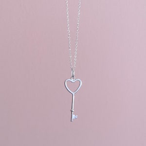 Love Heart Key Pendant Necklace, Sterling Silver Key Pendant Necklace, Love Key Charm Necklace