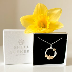 Welsh Daffodil Sterling Silver & Gold Necklace, Detailed Welsh Daffodil Pendant Necklace, Cymru Jewellery, March Birthflower Gift