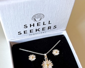 Sterling Silber Daisy Halskette & Ohrstecker Set - April Birth Flower Schmuck, Luxus Schmuck Geschenk