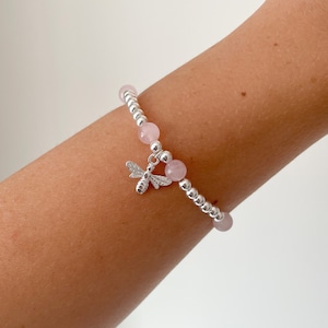 Rose Quartz & Bee Bracelet, Silver Bee Charm Bracelet, Rose Quartz Crystal Healing Bracelet