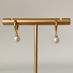Gold Pearl Huggie Hoops, Pearl Hoop Earrings, Freshwater Pearl Gold Plated Hoops Huggies