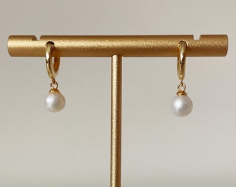 Gold Pearl Huggie Hoops, Pearl Hoop Earrings, Freshwater Pearl Gold Plated Hoops Huggies