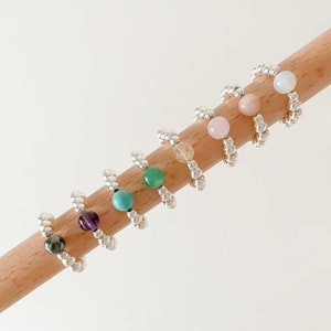 CRYSTAL BEAD RING, Crystal and Silver Beaded Stretch Ring, Crystal Healing Ring, Sterling Silver Bead Stretch Ring