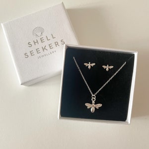 Bee Jewellery Set, Silver Bee Pendant Necklace and Stud Earrings Gift Set, Bee Earrings & Necklace