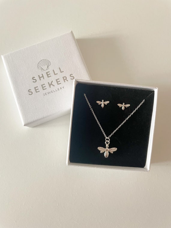 Bee Jewellery Set, Silver Bee Pendant Necklace and Stud Earrings Gift Set, Bee Earrings & Necklace
