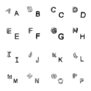 May include: Silver letter beads in the alphabet from A to P. The beads are small and round, and they are perfect for making jewellery or other crafts.