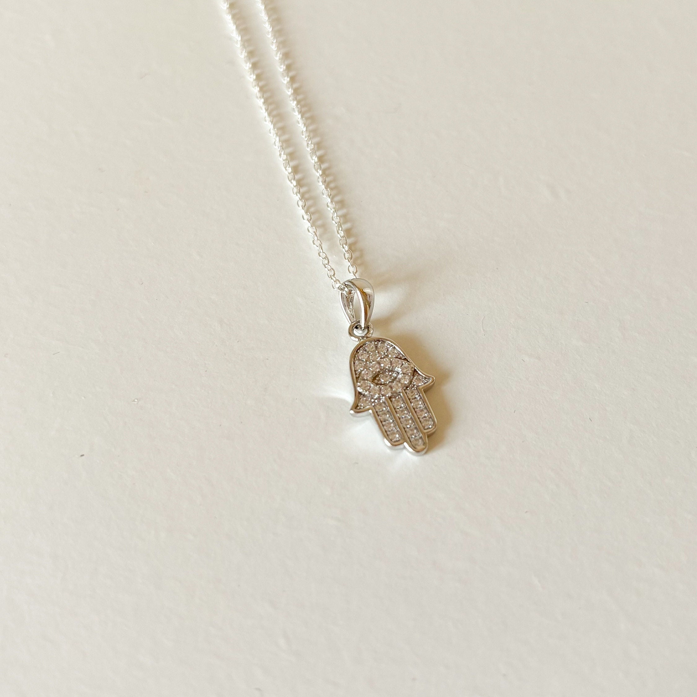 Sterling Silver Hamsa Hand Pendant Necklace: Cubic Zirconia Charm, Protective Symbol, Evil Eye Jewellery, Hand of Fatima, Gift for Her