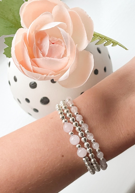 Rose Quartz & Silver Bracelets, Rose Quartz Bracelet Stack, Rose Quartz Crystal Healing Bracelets, Stackable Bracelets, Pink Love Bracelets