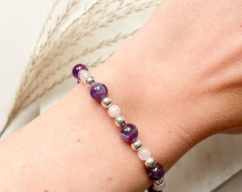 Armband med ametist och rosenkvarts, armband med helande kristaller i ametist och rosenkvarts