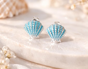 Sterlingzilveren schelpstekers, blauw geëmailleerde coquilleoorbellen